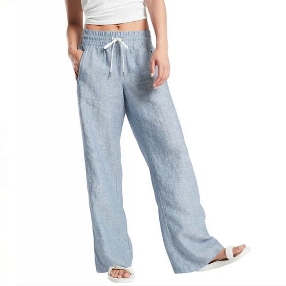 ATHLETA Cabo Chambray Blue Linen Wide Leg Elastic Drawstring Waist Pants Women 8